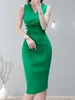 Casual Dresses Women's Black Sleeveless Elegant Temperament Green Knit Tank Dress Summer Orange V Neck Slim Sexy Wrap Hip Pleated Midi