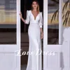 semplice profondo scollo a V bianco da sposa Dr guaina mezza manica lanterna pieghe spandex moderno Backl abito da sposa Butt Sweep Train J6Kg #