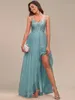 Robe de soirée formelle Bretelles Spaghetti Asymétrique Longueur Genou 2024 BAZIIINGAAA de Tulle à Paillettes Dusty Blue Demoiselle d'honneur Dr a9bW #