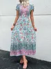 Jim Nora Vintage Floral Boho Baskılı Vestidos Kadınlar Kısa Kollu V Boyun Slit Midi Dres Bohem Yaz Plajı Dr T8AC#