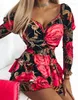 Casual Dresses Elegant Evening Party for Women Floral Print Shirred Layered Dress Sexig 2024 Autumn Winter Spring Fashion