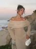 Frauen Sommer Slash Neck Sonnencreme Maxi Kleid 2024 Chic Langarm Bodycon Gestrickte Vestidos Weibliche Elegante Ferien Beachwear 240314