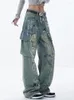 Calças de brim femininas cintura alta graffiti vários bolsos em linha reta perna larga legal carga calças jeans 2024 moda inverno 29l6551
