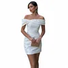 Elegante abito da sposa corto Dr Women 2024 aperto indietro al largo della spalla Strapl piega abito da sposa in raso sopra il ginocchio Vestido De Noiva E5s7 #