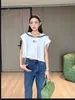 Summer Cotton Short Sleeved T-shirt for Womens Sportswear Letter Diamond Embroidered Round Neck Miu Designer Navy Blue Stripe Sml