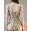 Golden Slim Evening Dres Bankettklänning Sexig Tassel axel krage kvinnlig fest vestido de festa ny lanserad dr m3rm#