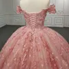 Robe de princesse rose Quinceanera, robe de bal, épaules dénudées, en dentelle, en tulle, bouffante, robe de bal d'anniversaire, douce 16 ans