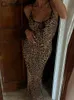 Cutenew feminino leopardo impresso maxi dr elegante cinta de espaguete backl rendas robe magro retro dres vestidos novo 2023 q01k #