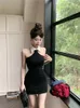 Casual Dresses Fashion Sexy Halter Litlle Black Mini Dress Girl White Collar Patchwork Tight Pencil Backless Bottoming Short Skirt