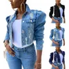 Y2K Women's Ripped Denim Jacket Casual LG Puff Sleeve Butt Down Cropped Jean Coats for Fall D1pa#