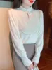Kobiety damskie bluzki p elegancka bluzka kobiety zima grube topy stojak moda kołnierz vintage chiński panbuckle koronkowy szyfonowa koszulka