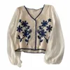 women Casual V-Neck Butt Down Cropped Cardigan Puff Lg Sleeve Elegant Embroidery Floral for JACKET Cover Up Blouse l3NZ#