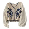 Femmes Casual Col V Butt Down Cardigan Court Puff Lg Manches Élégantes Broderie Florale pour VESTE Cover Up Blouse l3NZ #