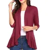 Cardigan pour femmes printemps été automne vêtements couleur unie haut slim ourlet à volants manches trois quarts mince manteau simple noir bleu q0B6 #