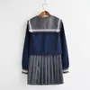 Preppy Style JK Uniform Set Navy Blue Top With Sakura broderied Mönster grå veckade kjolflickor Sailor Suits Lg Sleeved G6ef#