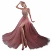 Vente rose brodé paillettes Sexy manches profonde V Maxi haute fente soirée mariage Cami Dres pour les femmes invité de fête Dr z60d #