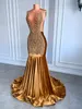 LG Gold Prom Dres 2024 Prawdziwa zdjęcie Sheer Top Luksus Blaskly Diamd Veet Black Girl Mermaid Party Party Gala 02YD#