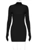 Solid Long Sleeve With Gloves Mini Dress Bodycon Sexy Streetwear Party Half Turtleneck Outfits Y2K Clothes Wholesale 240314