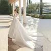Prachtige Satijnen Fascinerende Bruiloft Dres Mooie Lg Mouw Eenvoudige Elegante Bruidsjurken Sexy Prachtige Kant Geappliceerd Gewaad f00e #