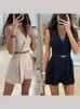 Femmes Fi Solid Col V Mini Combinaison avec ceinture 2024 Nouvelle manches courtes Tenues Bureau Lady Élégant Trajet Streetwear C4UT #