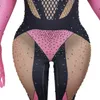 Sexy rosa rhinestes macacões mulher boate impressão collant cantor traje festa de aniversário pólo dança drag queen stage wear q8cd #