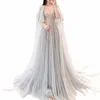 Serene Hill Luxury Dubai Gray Evening Formale Dres mit Feather Cape Shawl Gold arabische Frauen Hochzeitsfeierkleider LG La70640 i7zv#
