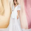 Simples Tule Destacável Saia Curta Casamento Dr Elegante V-Neck A-Line Mangas Curtas Puffy Aberto Voltar Vestido de Noiva Custom Made Z3ch #