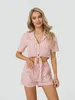 Home Bekleidung Damen-Pyjama-Set mit Knöpfen, Streifen vorne, Krawattenknoten, kurzärmelige Hemden und Shorts, Nachtwäsche-Sets, 2-teilige Loungewear