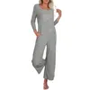 Mulheres sleepwear camisola macacão para mulheres manga longa waffle malha botão calças de perna larga macacão macacão maternidade bodysuit com bolsos