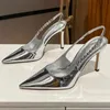 Shiny High Heels Slingback Silver Women Pumps Metallic Crystal Sandals Pointy Toe Stiletto Heeled Shoes Party Dress Woman 240328