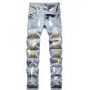 Men's Jeans Men Holes Ripped Painted Distressed Stretch Denim Pants Buttons Blue Slim Straight Trousers