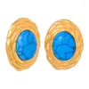 Hoop Earrings French Style Retro Fashion High-Grade Light Luxury Natural Turquoise Ornament Titanium Steel Gold Plated Oval For W