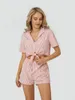 Home Bekleidung Damen-Pyjama-Set mit Knöpfen, Streifen vorne, Krawattenknoten, kurzärmelige Hemden und Shorts, Nachtwäsche-Sets, 2-teilige Loungewear