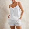 Casa Vestuário Conjunto de 2 peças feminino para salão Y2k branco sem mangas amarrar tops cami tops shorts de pernas largas conjuntos de roupa de dormir