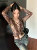 Женские футболки Onalippa, сексуальные леопардовые шифоновые топы с оборками и v-образным вырезом на шнуровке, топы на шнуровке с длинными рукавами, уличная укороченная рубашка