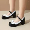 Dress Shoes Lolita Girls Block Heels Mary Janes Japanese Style Mixed Color Sweet Bow Pearls Princess Buckle Strap Pumps Size 45