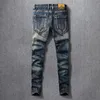 fi Vintage Jeans Uomo di alta qualità Retro Nero Blu Stretch Slim Fit Jeans strappati Ricamo rattoppato Designer Denim Pants B4a5 #