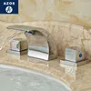 Rubinetti per lavandino del bagno Azos Rubinetto diviso Lavabo a cascata Ottone cromato Freddo e interruttore sotto il bancone El Doppia maniglia Tre H