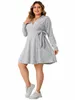 Plus Taille Tricoté Rayé Femmes Dres Lg Manches V Cou Solide Robe Taille Ceinture Automne Sprig Dr Casual Surdimensionné Femme Tissu i6aK #