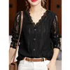 Blusas femininas primavera moda coreana sexy oco renda elegante casual decote em v manga longa preto topos chique solto blusas para mujer