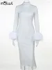 Sukienki swobodne Habbris White Sparkling Bodycon Long Sukienka Luksusowa impreza dla kobiet 2024 Elegancko pióra Mankiet Maxi Fashion Ins Prom