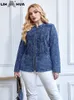 Lih HUA vrouwen Plus Size Denim Jasje Herfst Chic Elegante Jas Voor Mollige Vrouwen Ronde Hals Gebreid Cott Jasje J2uv #