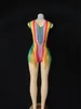 Kvinnor färgglada regnbågen Tassel Mesh Leotard Rhinestes Perspektiv fransar bodysuit scen outfit wear performance dance costume u4r5#