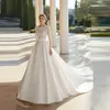 Prachtige Satijnen Fascinerende Bruiloft Dres Mooie Lg Mouw Eenvoudige Elegante Bruidsjurken Sexy Prachtige Kant Geappliceerd Gewaad f00e #