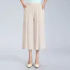 Women's Pants Fashion Wide Leg Casual Summer Linen High Waist Elastic Loose Culotte Trousers Cropped