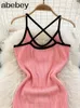 Casual Jurken Roze/Zwart Halter Zomer Gebreide Sexy Band Jurk Vrouwen Elatic Taille Bodycon Zonnejurk Vrouwelijke Strand Backless Lang