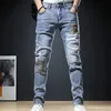 2023 FI Herren Jeans Herbst Patch Hellblau Trend Lose Hosen Elastische Streetwear Freund Biker Mann Gerade Denim Hosen F2BV #