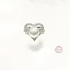 Küme halkaları kadınların kalbi lüks beyaz 8mm yuvarlak inci yüzüğü bayan düğün nişan 925 gümüş mücevher hediyesi