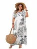 Plus-storlek Bohemian Dr for Women Clothing 2024 Summer O-Neck Printed Maxi LG DRES Kort ärm Casual Vestidos W7D0#