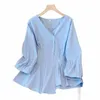 150 kg Übergröße Damen-Büste 148 Frühling Herbst Slim V-Ausschnitt Design Feel Shirt Süßes Top Blau 5XL 6XL 7XL 8XL 9XL g5ha#